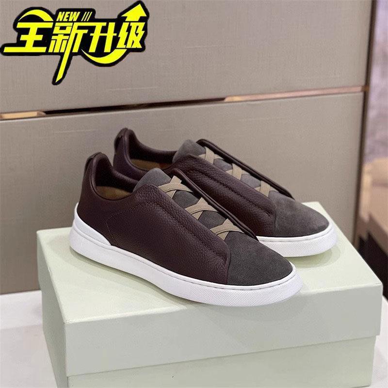Soft baseplate shoes cross elastic band men's board shoes leather free lace-up casual shoes men's low-top lazy shoes