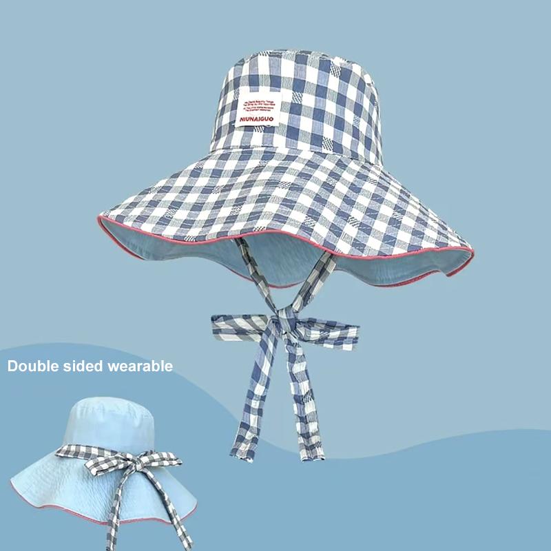 Women Sun Hat Sweet Plaid Wide Edge Fisherman Hat Outdoor Sun Protection Hat Travel Lace Up Hiking Large Brim Beach 5 Colors
