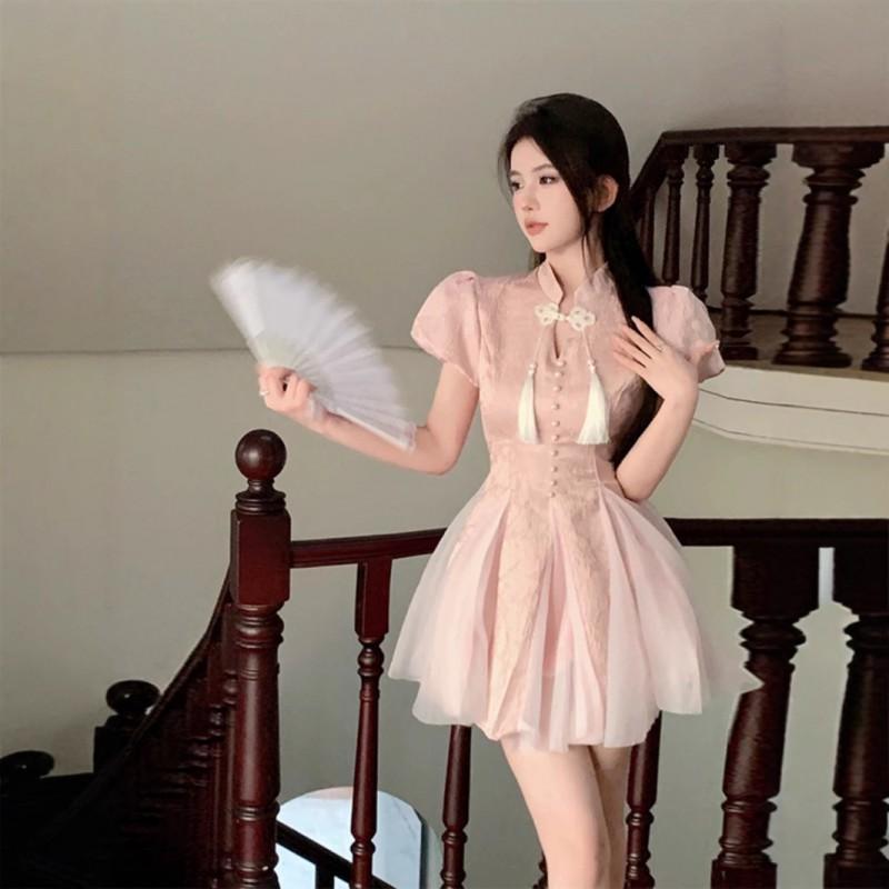 Elegant A-Line Midi Dress With Mandarin Collar Short Sleeve Princess Fit-and-Flare Style Women 2025