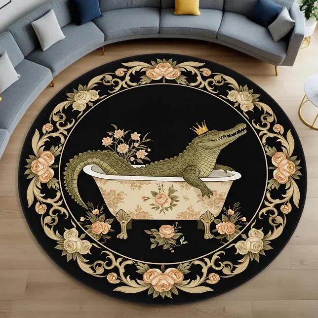 Hedgehog Round Rug Woodland Forest , Cozy Animal Carpet with Autumn Floral Border, Cottagecore Nature Decor for Living Room