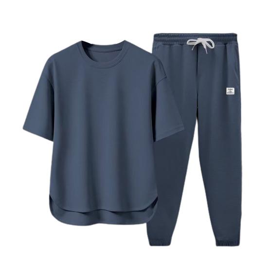 

Мужской спортивный костюм из 2 шт./компл., футболка с круглым вырезом и рукавами, эластичная резинка на талии, короткие, широкие, длинные спортивные штаны, комплект, одноцветный M серый