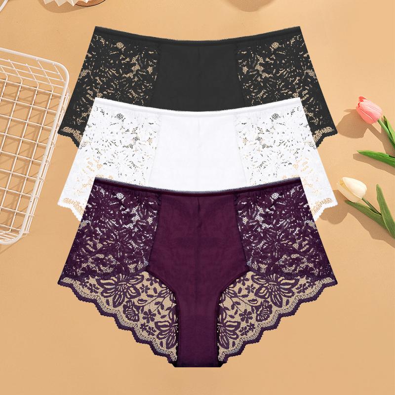 3Pcs Women's Lace Panties Sexy Hollow Out Boyshort Underwear Transparent Floral Underpants Girls Tempting Lingerie S-XXL