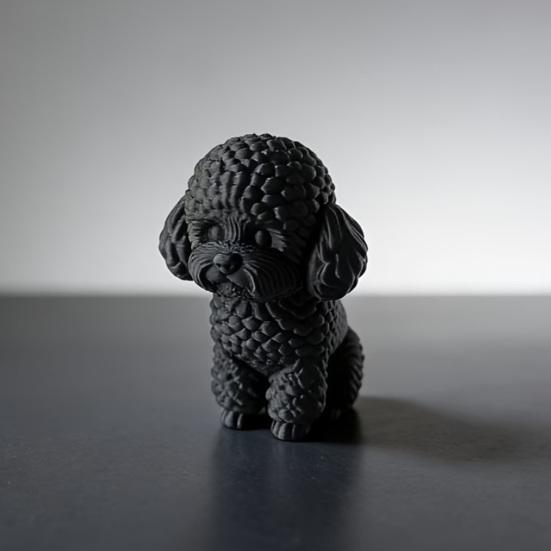 Huaqianguhh 3D Printed Cute Teddy Dog Statue, Mini Poodle Figurine, Matte Solid Black Statue with Detailed Curly Fur, Wide Anti-Tipping Base,