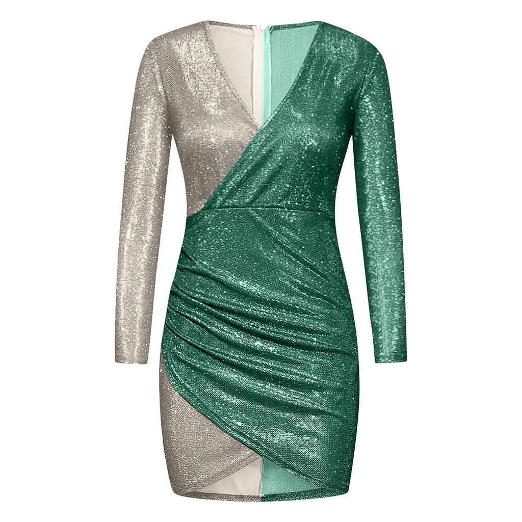 Fashion Women's Hot Stamping Dress Long Sleeve V-Neck Sexy  Dress