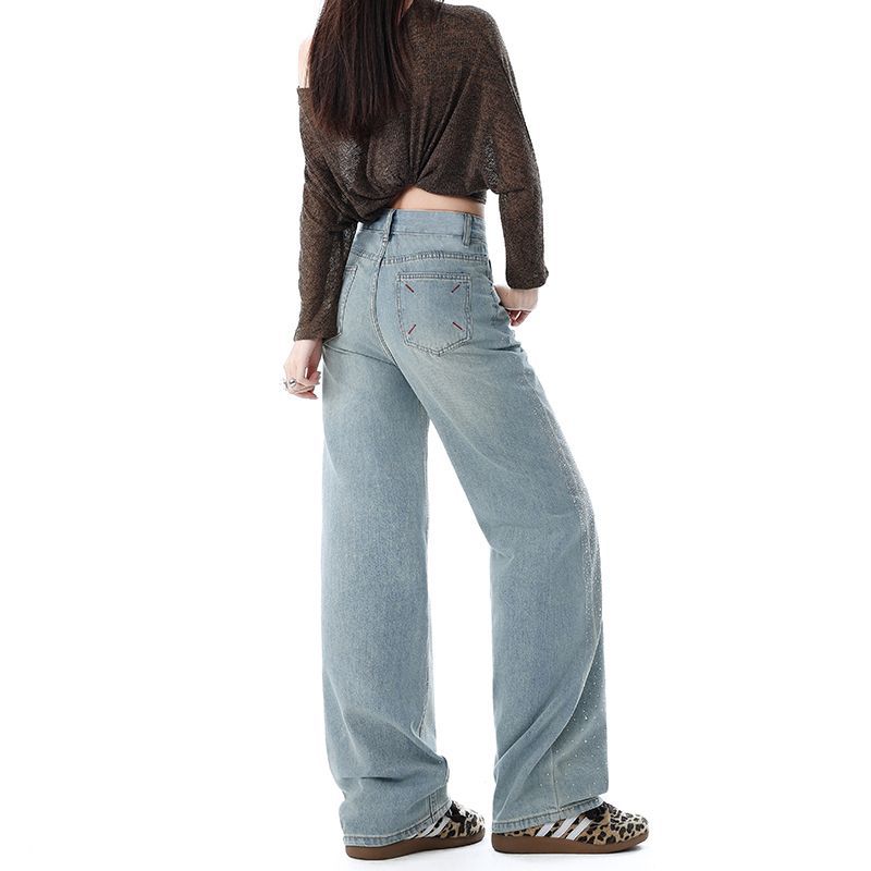 Spring Summer Full Star Rhinestone High Waist Drape Floor Slim Straight Casual Denim Pants For Ladies Casual Pants Oversize Denim Trousers