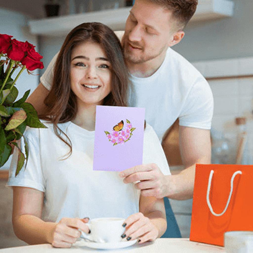3D Pop Up Flower and Butterfly Greeting Cards Pink Style Paper Card with Envelope & Small Card for Parties Gathering