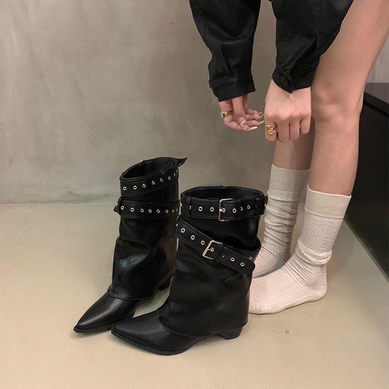 Bottes mi-mollet à tempérament rétro nouvelles bottes d'hiver pointues style cowboy western boucle de ceinture bottes pantalon