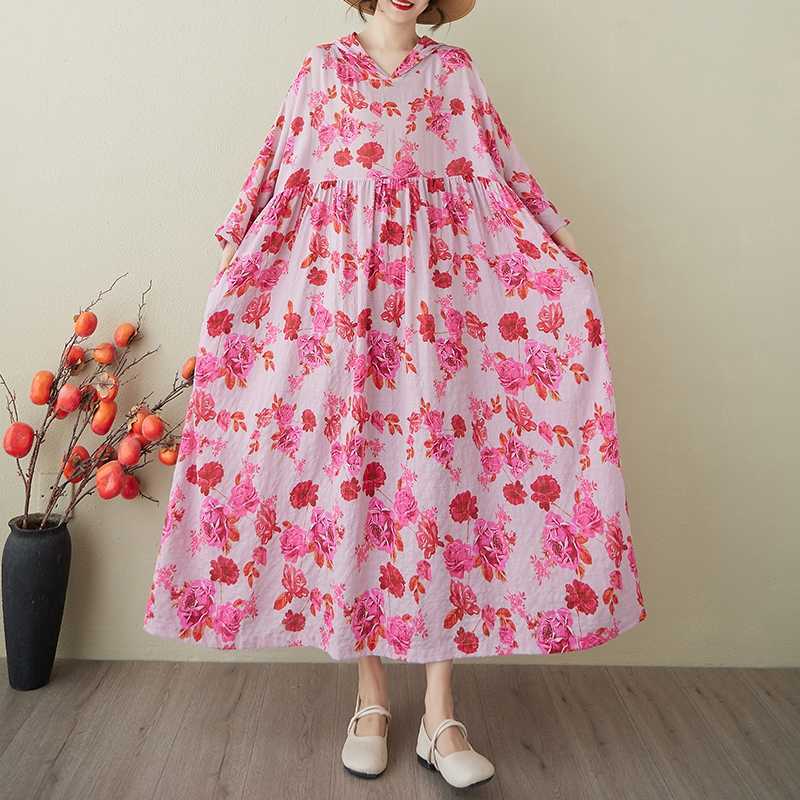 Ladies' Gentle Wind and Cloud Brocade Cotton and Hemp Hooded Printed Dress