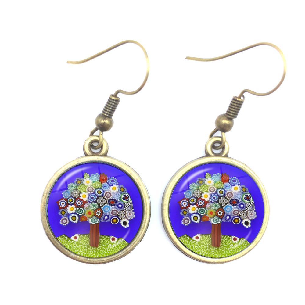 Murano Millefiori Drop Earrings MultiColour Flower 16mm Glass Cabochon Earring Jewelry For Women Girls Gift