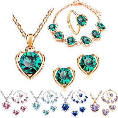 4Pcs/Set Shiny Elegant Necklace Earrings Bracelet Ring Adjustable Women Rhinestone Heart Pendant Necklace Set