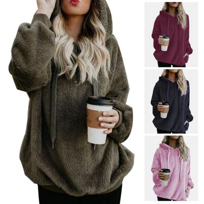 Plus Size Winter Solid Color 1/4 Zip Up Fluffy Hoodies Women Hooded Sweatshirt