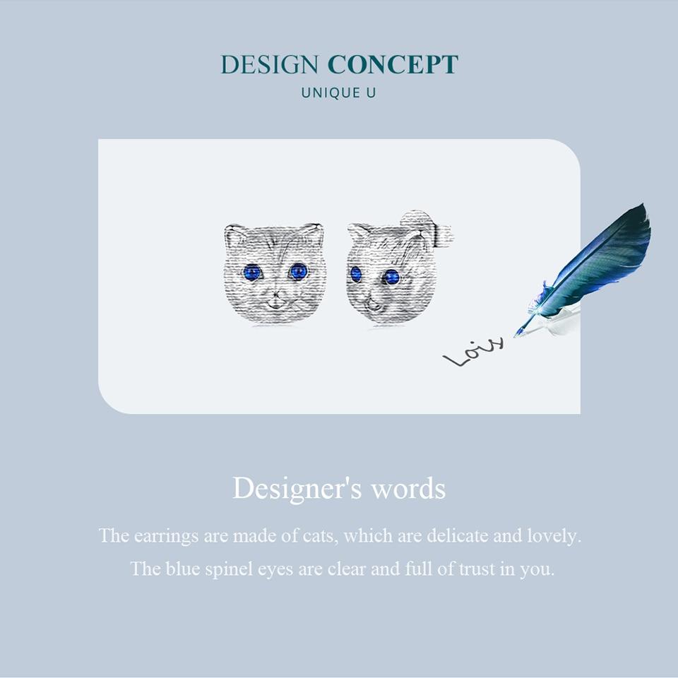 BAMOER 925 Sterling Silver Cute Cat Stud Earrings Blue Spinel Earrings for Women Birthday Gift Fine Jewelry
