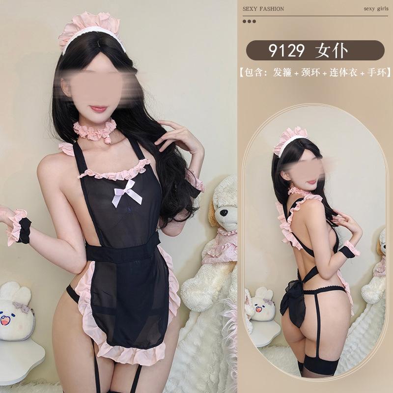 Sexy lingerie sexy cute mesh see-through maid outfit with apron Japanese one-piece maid uniform suit