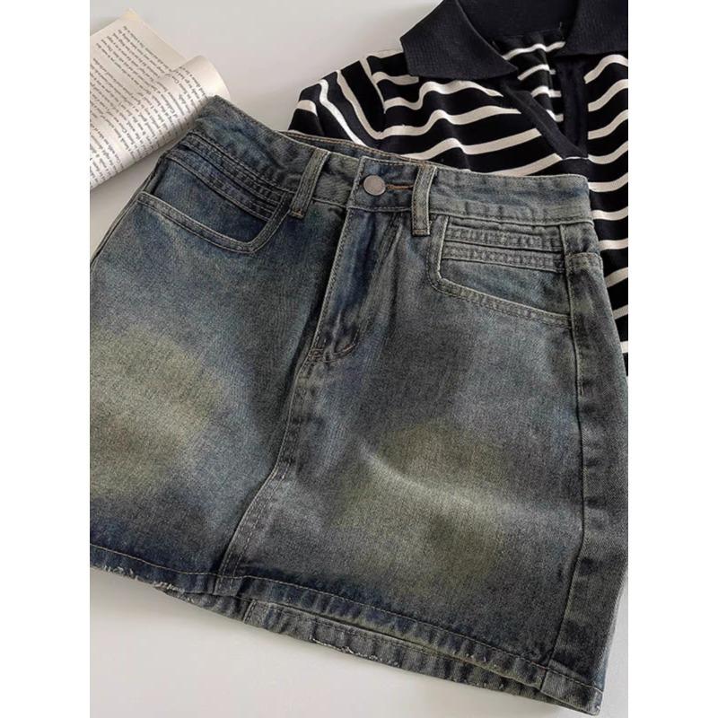 Retro Dunkelblau A-Linien Jeansrock mit Gürtel und Futter - Hohe Taille, Anti-Exposure, Damen 2026 Frühjahrsneuheit