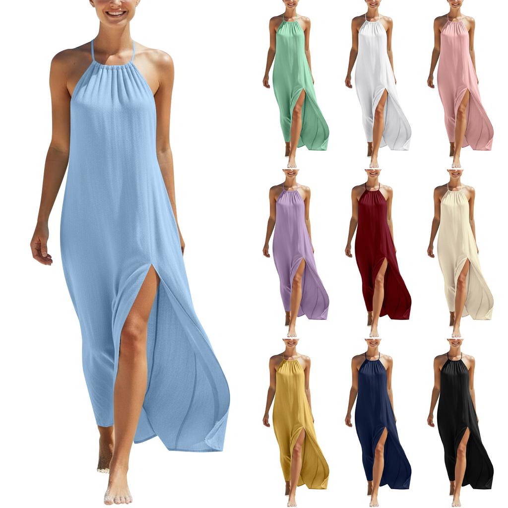 Sleeveless Halter Neck Maxi Dress with Backless Design and Side Slit Lightweight Beach Dress for Women Summer Casual Wear