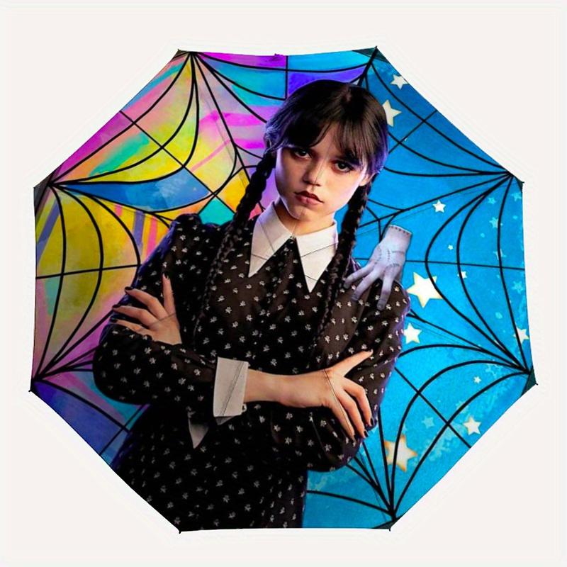 Addams Family, Wednesday Automatic Folding Umbrella  8 Ribs, Durable Iron Frame, Bright Color Pattern Compact Travel Umbrella, Suitable for