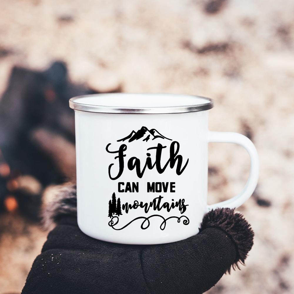 Faith Hope Love Print Christian Creative Enamel Mugs Outdoor Travel Coffee Cup Drink Dessert Milk Vintage Handle Drinkware Gift