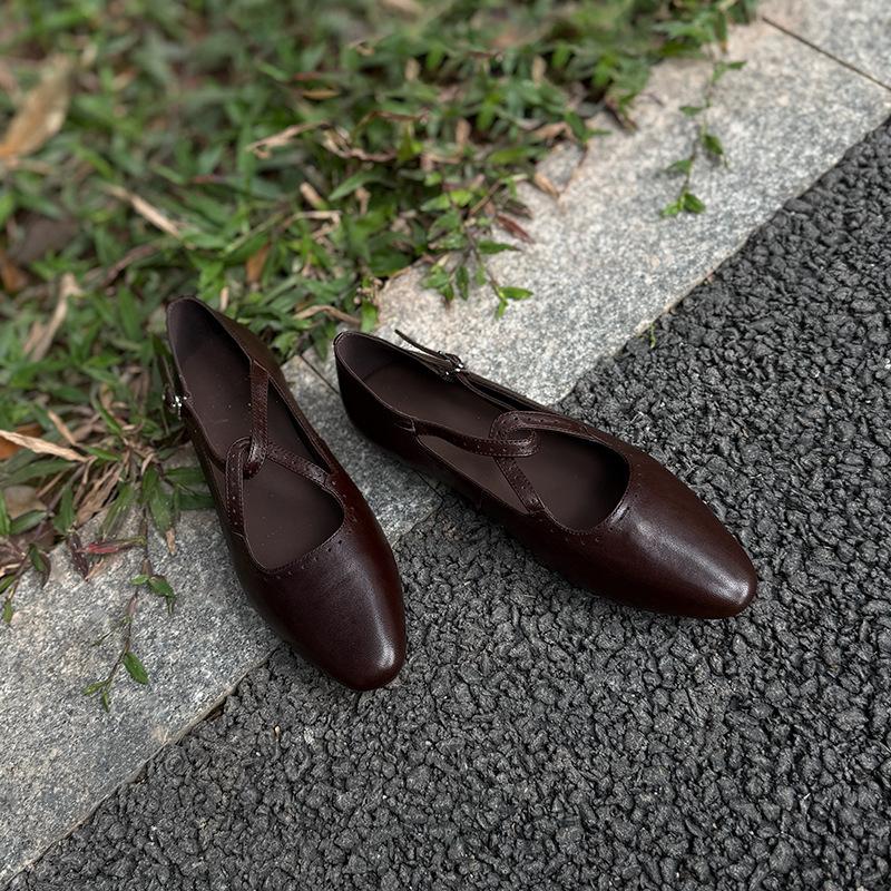 Johnature Cross Belt Mary Jane Shoes Genuine Leather Flats Round Toe Soft Soled Women's Shoes