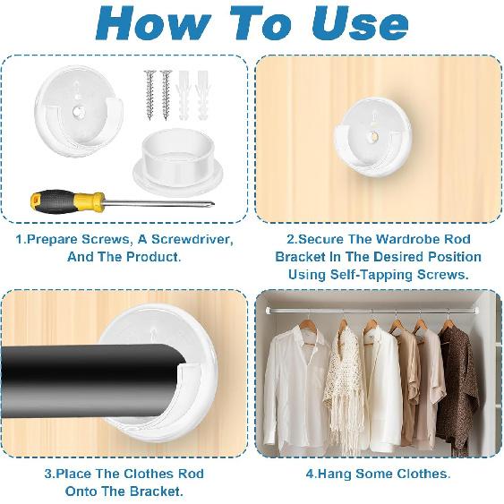 10pcs Closet Rod Holders, Plastic Closet Pole Socket Fits 1-3/8” Diameter Rods, Closets Rod Support Bracket with Screws for Home and Store (White)