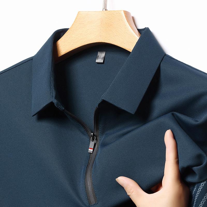 Medelålders mäns långärmad skjorta T-shirt Vår Höst Affärsmässig Casual Nedvikt krage Lös Halv dragkedja Falsk tvådelad topp