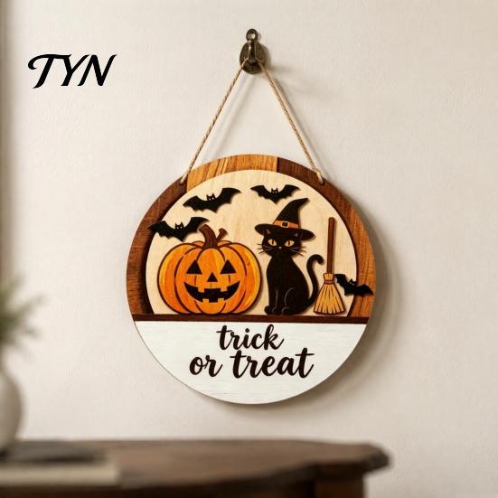 Fall Party Decorations Halloween Layered Round Door Hanger, 3D Pumpkin Ghost Owl Wood Welcome Sign, Wooden Hanging Decor Farmhouse Front Wall for Home
