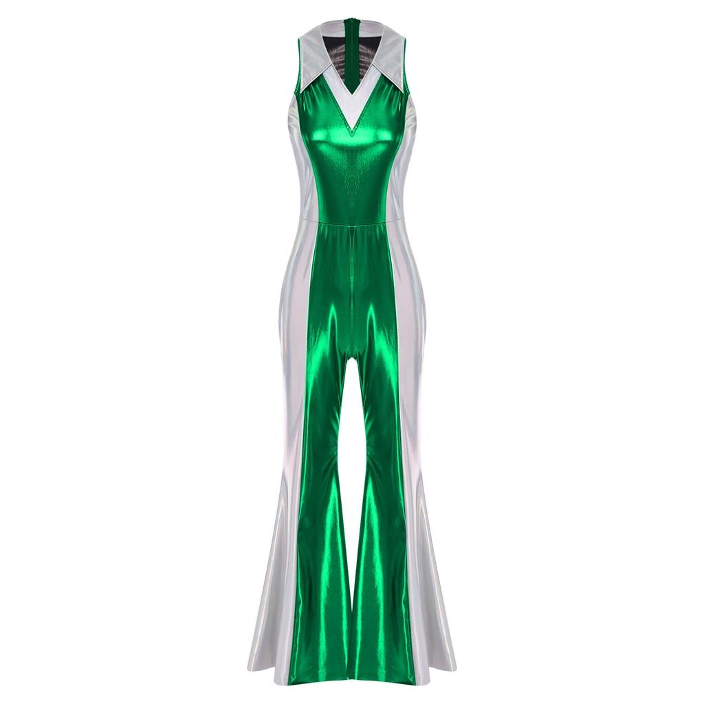 Womens Disco Jumpsuit 70s 80s Style Lapel V Neck Sleeveless Metallic Shiny Flared Pants Romper