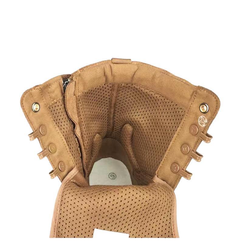 Men's Genuine Brown Leather Waterproof Combat Training Boots with Side Zipper - Sand Color for Outdoor, Mountaineering, and Desert Use.