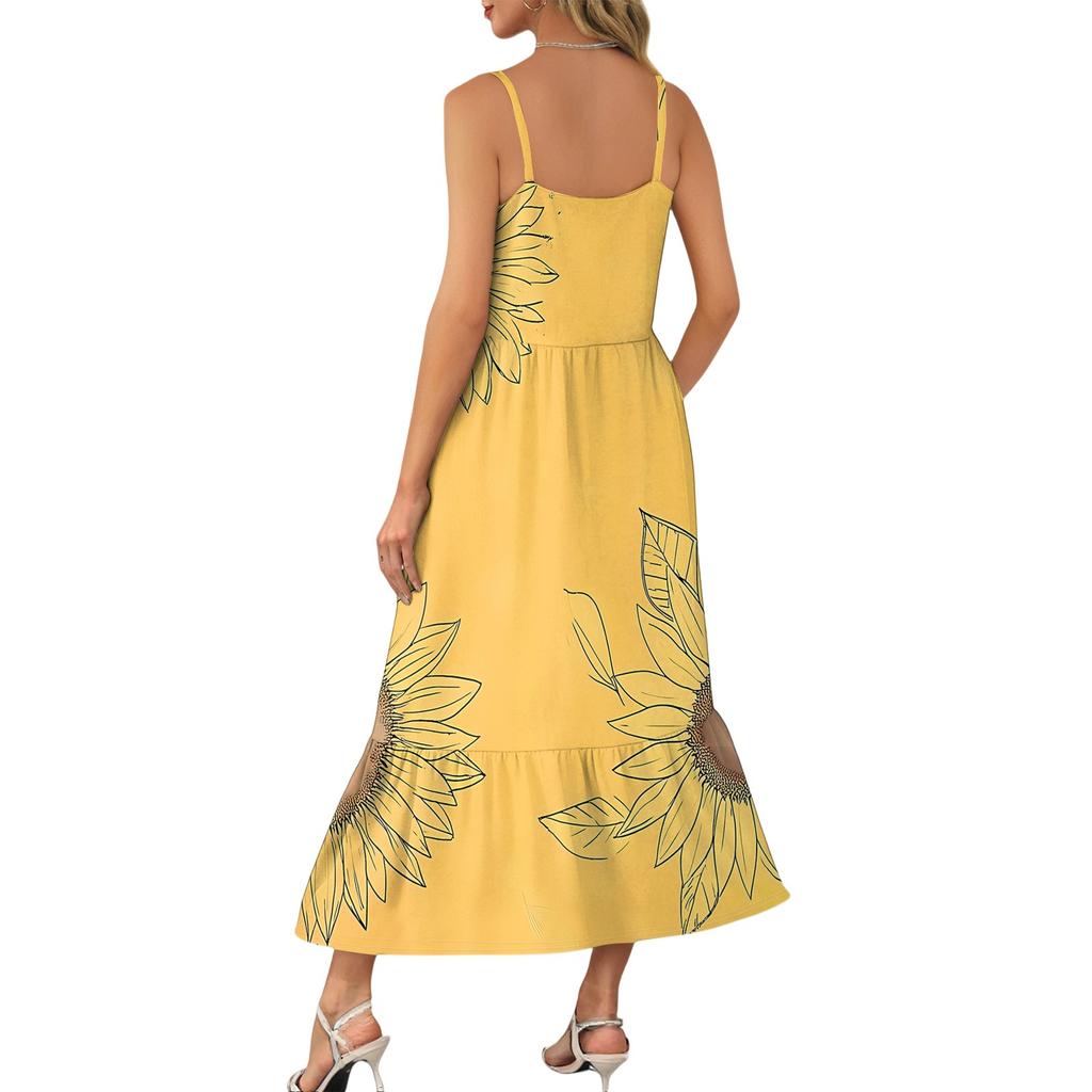 Women's Long Beach Casual Elegant Spaghetti Strap Maxi Dress Floral Low-key Flowing Bohemian Dress