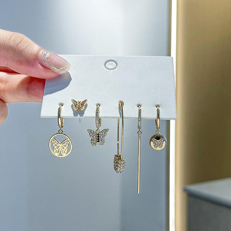 ANENJERY Micro Paved Zircon Butterfly Pin Bar Earring Sets For Women Dainty Luxury 6-piece Earrings Wholesale