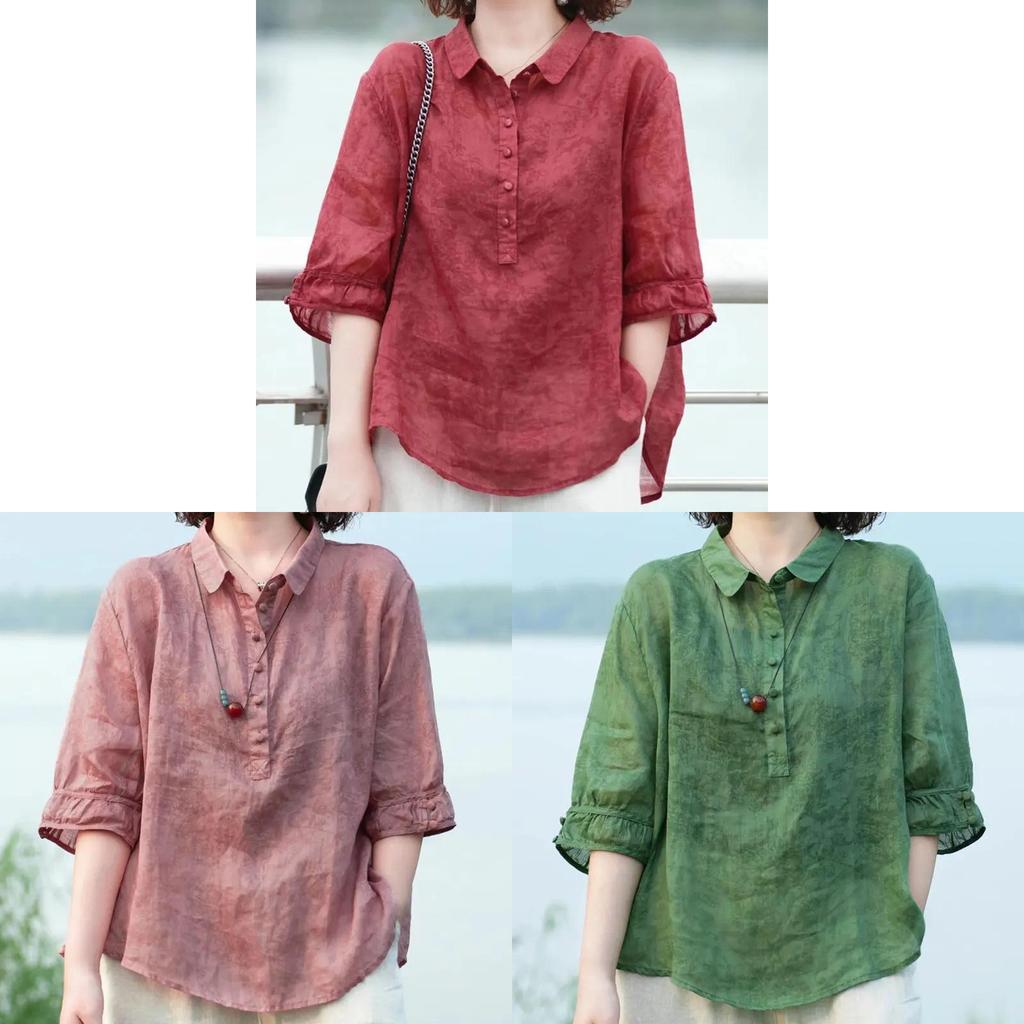 Vintage Floral Print Polo Neck Shirt For Women Summer Casual Loose Fit Blouse
