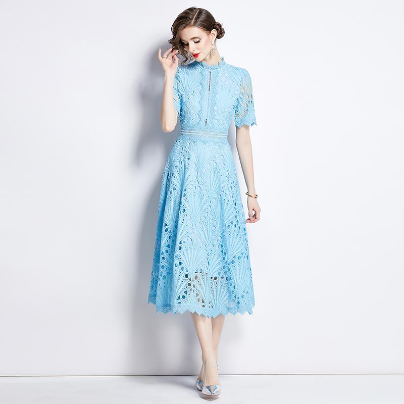 S-4XL Casual Sólido Manga Curta Renda Vestido de Verão 2024 Alta Qualidade Crochê Gancho Flor Slim Midi Vestidos Femininos