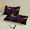 Purple Rose And Butterfly Print Fitted Sheet Set Black With Gold Accents Bedding Set With Pillowcases For Bedroom Decor