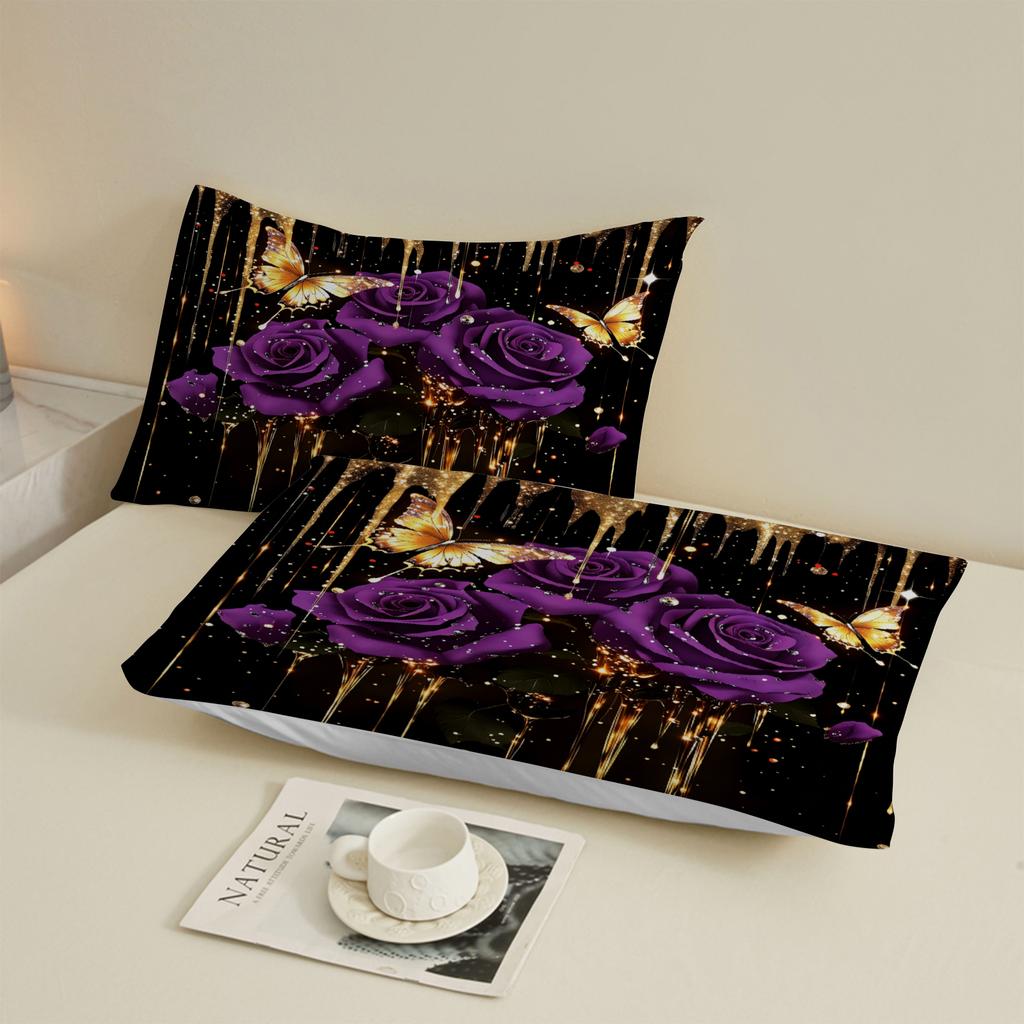 Purple Rose And Butterfly Print Fitted Sheet Set Black With Gold Accents Bedding Set With Pillowcases For Bedroom Decor