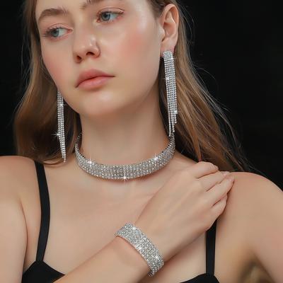 Jewelry Multi-Row Rhinestone Necklace Earrings Bracelet 3-Piece Fashion Bridal Suit Dress Accessories