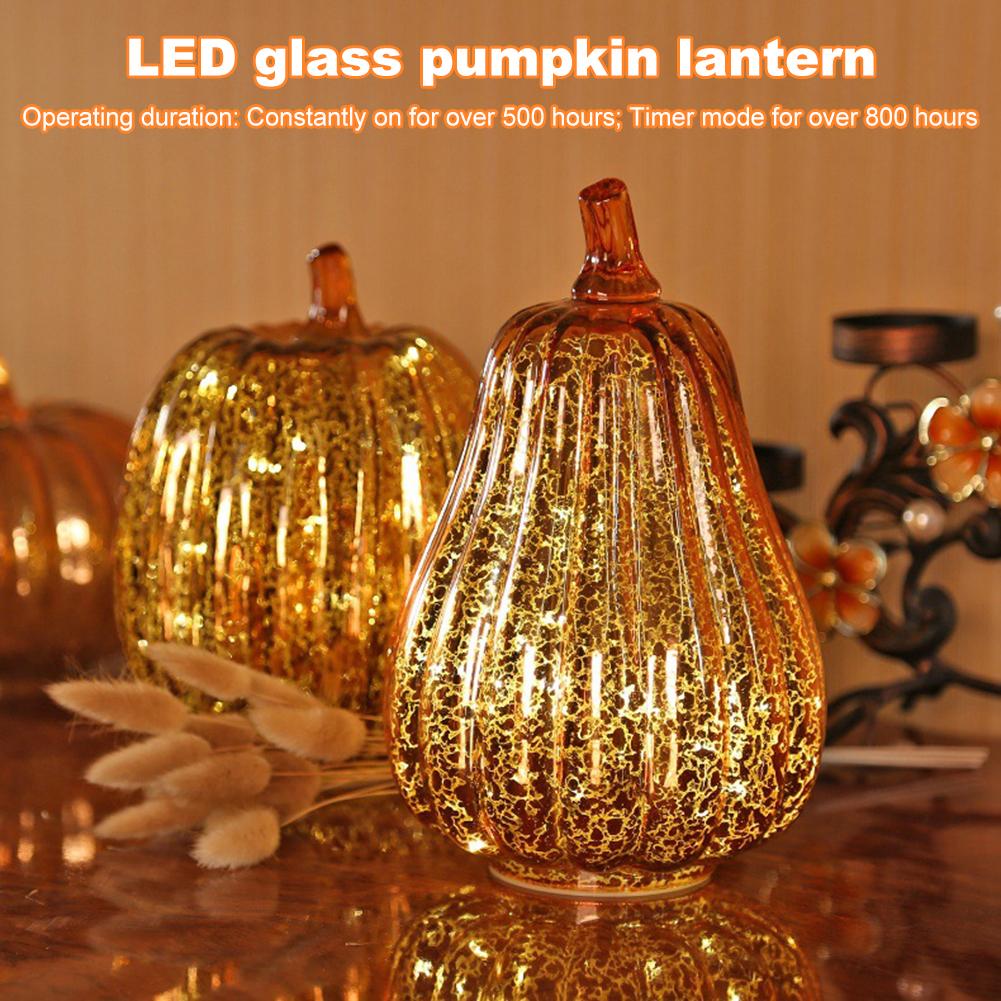 Glass Pumpkin Lanterns Battery Operated Halloween Pumpkin Lights LED Twinkling Lamp W/ Timer Halloween Decorations Desk Ornament