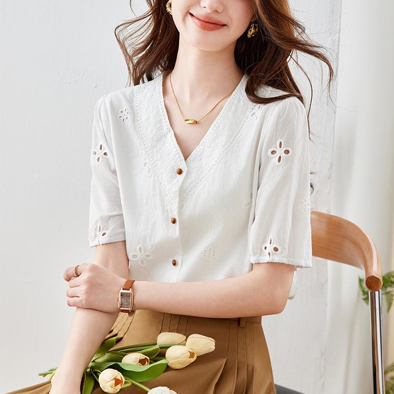 V-collar White Shirt for Women Short-sleeved Summer Clothes New Design Niche Top Pure Cotton Embroidered Shirt