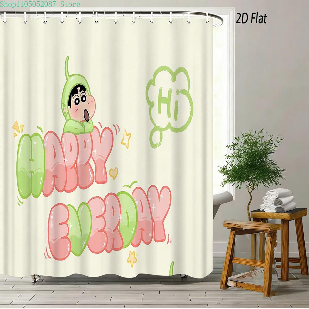 Crayon Shin-Chan Flame Ninja Z Themed 2D Print Waterproof Shower Curtain, Flying Shin-Chan With Family & Shiro Colorful Cityscap