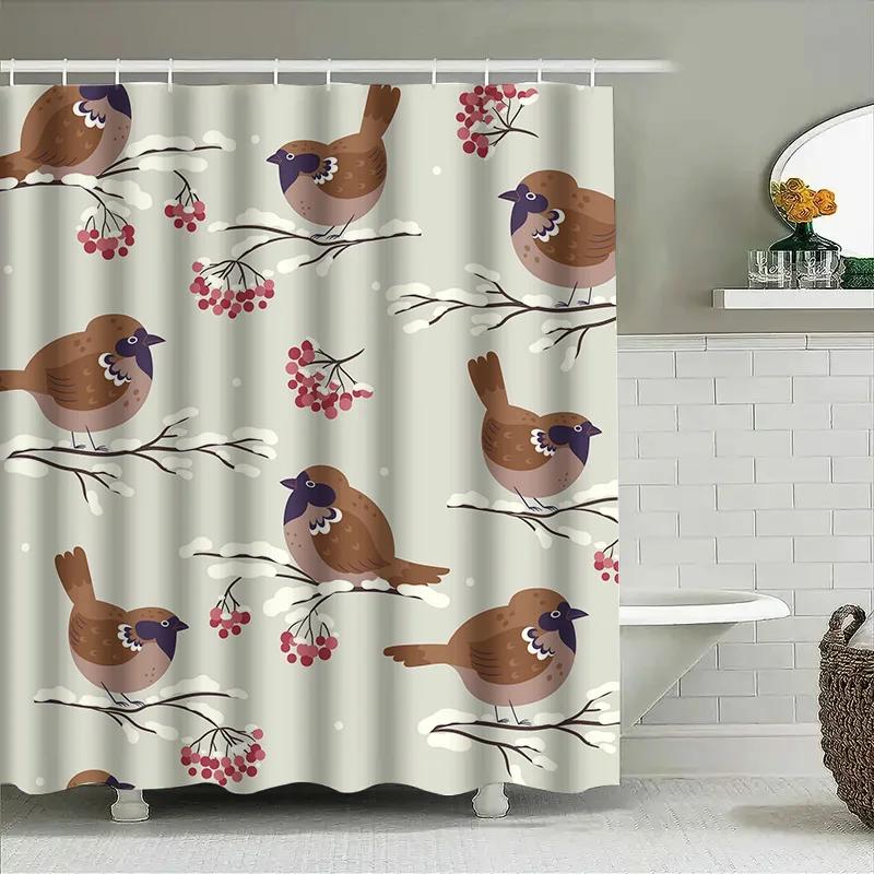 

Charming Winter Birds Shower Curtain Snowy Branches Pattern For Bathroom Decor Modern Home Accessories Size72X84 Inches W60H190(CM)-1 Pcs