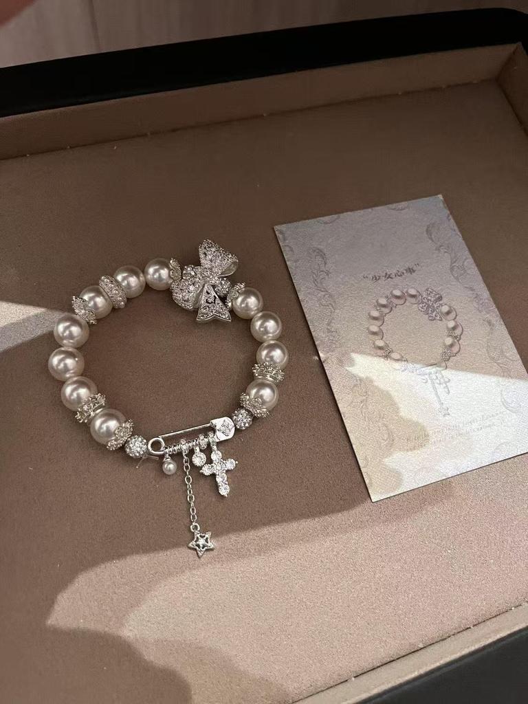 Premium Lace Bow Bracelet Niche Light Luxury Full Diamond Pin Buckle Cross Meteor Artificial Pearl Bracelet