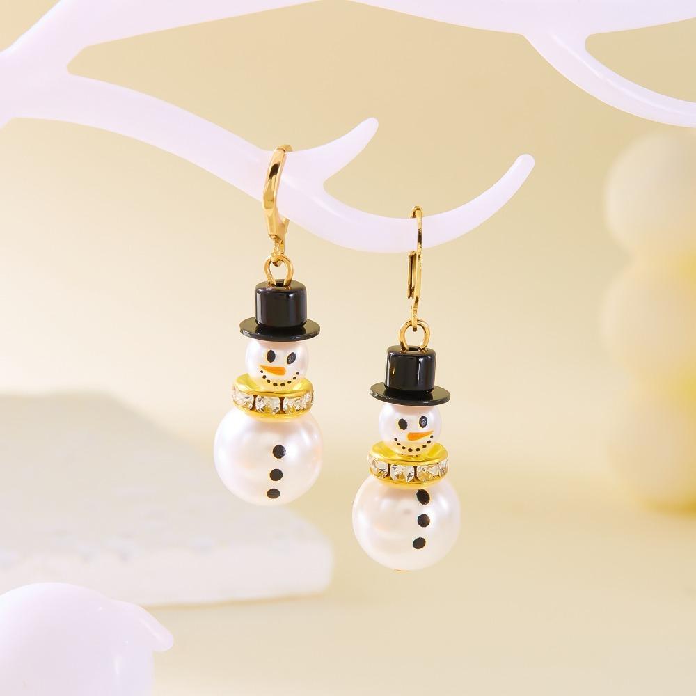 Pearl Snowman Earrings Rhinestone Xmas Dangle Earrings Christmas Earrings  New Year Ear Gift