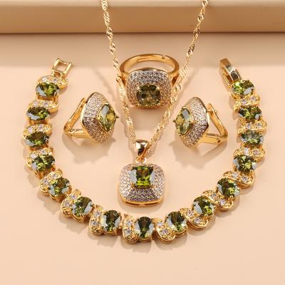 Hawaii Gioielli Moda Accessorio Anello Nuziale Quadrato Placcato Oro Italia Bracciale Set Collana e Orecchini da Donna