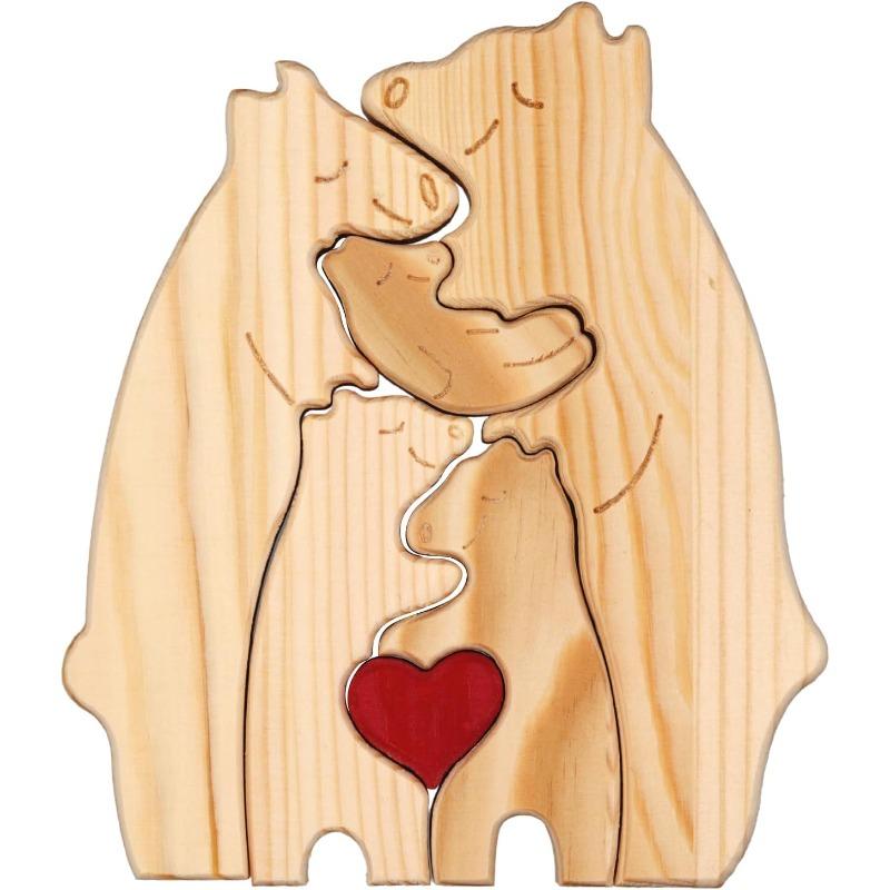 Wooden Bear Family Statue, Family Art Puzzle, Desk Ornament, Wooden Family Heart Puzzle, Home Decoration, Birthday Gift