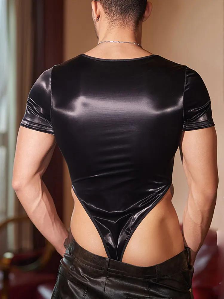 Men'S Pu Mesh Patchwork Bodysuit Tops Crotch Buckle Open Exotic Man Tights Sexy Shaper Wear Tshirts Sheer See Through Tops
