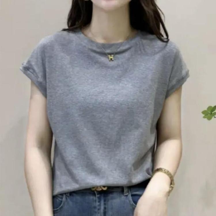 

Summer Women Loose Short Sleeve Top Solid Color Round Neck T Shirt Fashion Design Sense Small Flying Sleeve 2XL