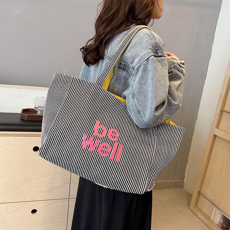 2025 New Colorful Reversible Canvas Tote Bag Striped Shoulder Bag