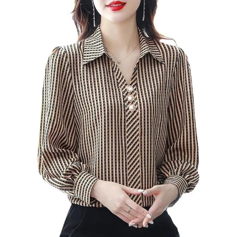 Spring Ladies Fashion Casual Business Long Sleeve Striped Shirt