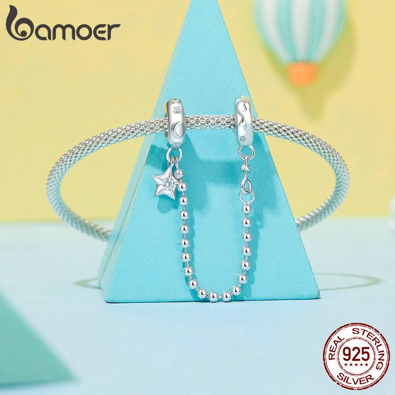 BAMOER 925 Sterling Silver Star and Moon Safety Chain Fit Bracelet for Women Gift Jewelry