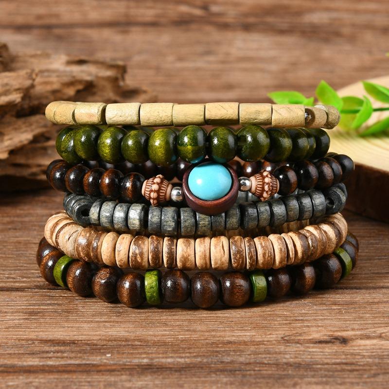 New 12-piece turquoise wood beads beaded alloy accessories elastic line men's bracelet