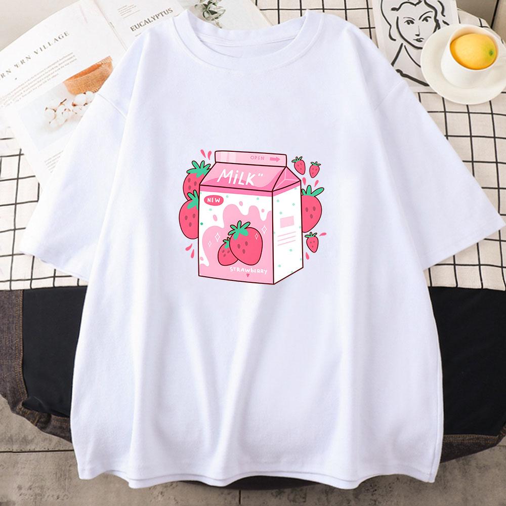 Strawberry Milk Cartoon Printing Teeshirt Casual Short Sleeve Oneck Tshirts Cotton Soft High Quality Tshirts Women Girls Tees