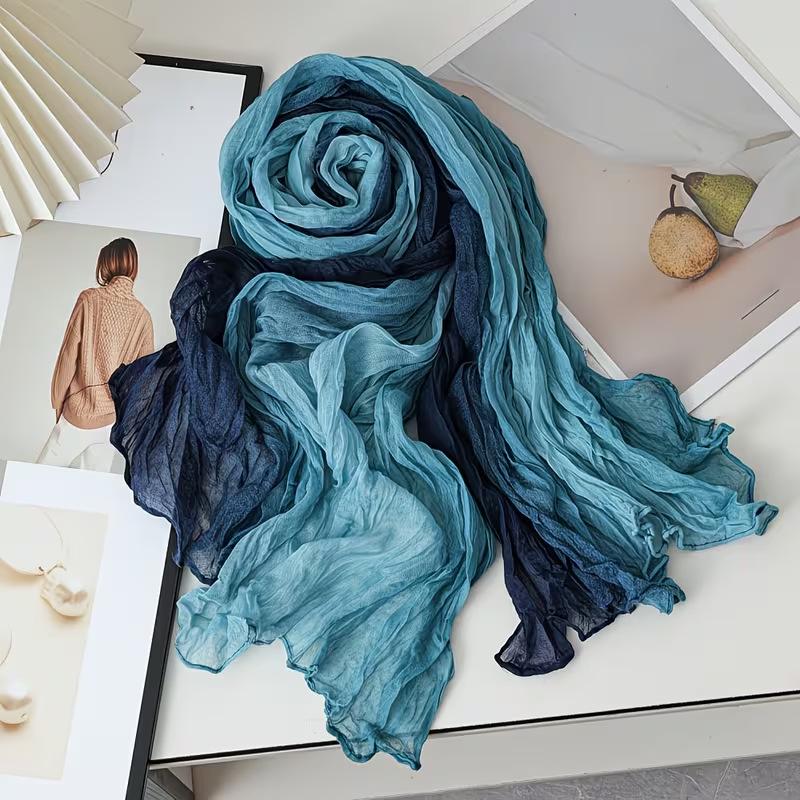 Gradient Blue Cotton-Linen Scarf: Retro Versatile Print, Long Pleated Women's Accessory for Autumn/Winter